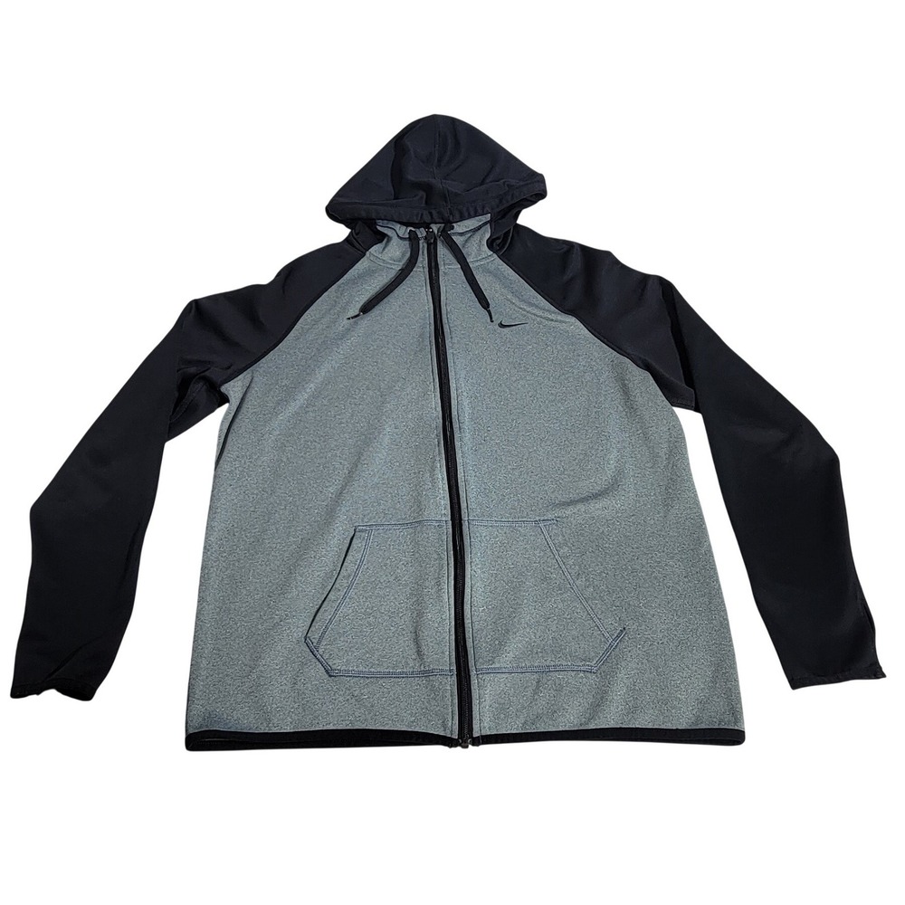 Nike Therma-FIT Mens Full Zip Hoodie Grey Black Raglan Fleece Jacket Large